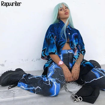 Rapwriter Streetwear Tlač Lightning Nohavice Ženy 2020 Jeseň Zima Bežné Cargo Nohavice Vysoký Pás Hippie Neforemné Rovné Nohavice