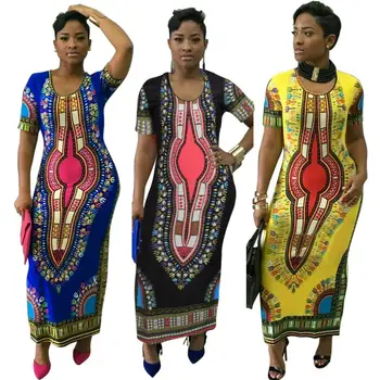 Nový štýl klasické Africké Dashiki Módne Polyester textílie úsek tlač dlhé šaty modrá čierna, žltá, veľkosť S - XXL