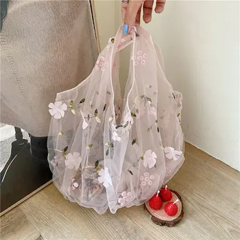 Dievča Kompaktný Transparentné Tote Bag Pletivo Vaku Daisy Vyšívané Žien Tote Taška Vysokej Kvality Eco Ovocia Taška Ružová