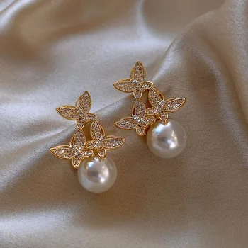 Pôvod Lete kórejský Módne Pearl Drahokamu Motýľ Visieť Náušnice pre Ženy Elegantné Zlaté Náušnice Svadobné Šperky Darček