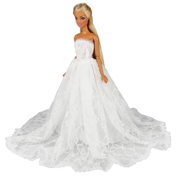 Móda ručné krásne biele bábika svadobné šaty princezná nevesta šaty bábiky, doplnky pre barbie hra, DIY darček k narodeninám