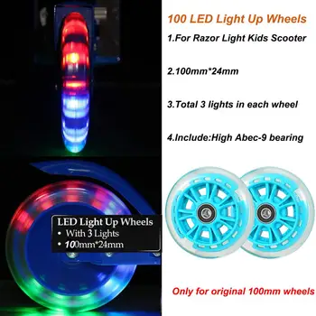 Kvalitný 2 ks 100mm Skúter Wheesl LED Flash Light Up Scooter Wheels pre Mini Skúter s 2 ABEC-9 Ložisko