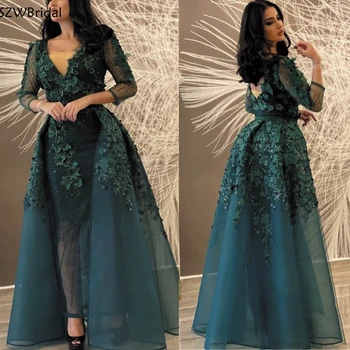 Nový Príchod V Krku Dlhý rukáv večerné šaty 2021 Čipky Appliques s Lištovanie Dubaj arabčina večerné šaty Party šaty