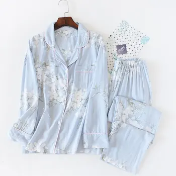 Japonský štýl nové jarné a letné dámske pyžamo bavlny, hodvábu dlhým rukávom nohavice vyhovovali kvet tlač home service oblek