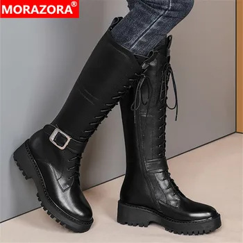 MORAZORA 2021 originálne kožené topánky námestie podpätky kolo prst zimné kolená vysoké čižmy, čiernej farby, pracka čipky topánky ženy