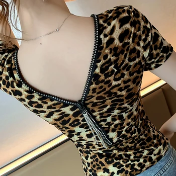 Leopard Tričko Ženy Krátky Rukáv Tlač tvaru Zips Diamanty Backless Topy, Sexi Krátkych Tričkách Slim Tvárny T-shirt Femme T07491W