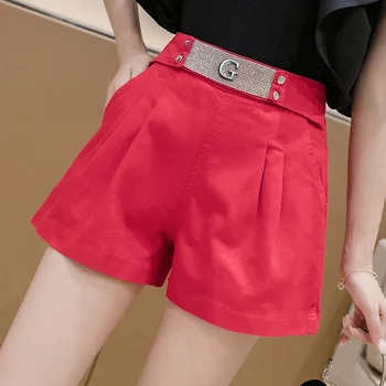 Bežné červená ženy vysoký pás šortky sequined bavlnené šortky 2020 lete jednofarebné dámske krátke sexy šortky s vreckami