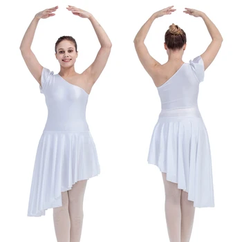 Biele Lesklé Lycra Trikot Tanečné Šaty Sukne Jedného Pleca Výkon Kostým Latinskej Tanca