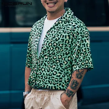 Leopard Tlač Mužov Havajské Košele Pláži 2021 Krátky Rukáv Bežné Blúzka Klope Camisa Streetwear Lete Elegantné Mužov Oblečenie INCERUN
