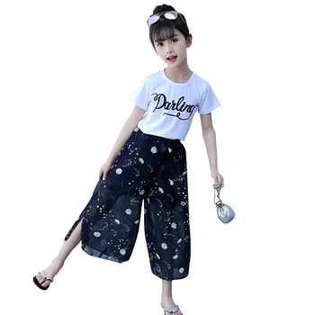 Dievčatá Oblečenie Sady Bavlna T-shirt+Šifón Široké Nohavice Deti, Oblečenie pre vek 8 10 12 Rokov Dieťa Letné Beach Girl Móda Odevy