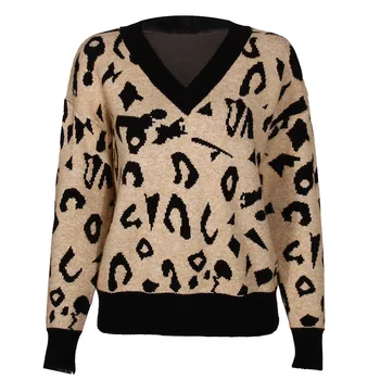 Ženy Leopard Tlač Zrastov V Krku Pulóvre Farbou Jeseň Jar dlhý Rukáv Bežné Knitwear Topy