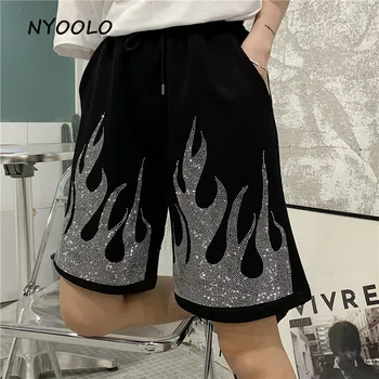 NYOOLO Novosti návrhu plameň drahokamu Diamond vysoký pás šortky ženy muži 2020 lete streetwear elastický pás hip hop šortky